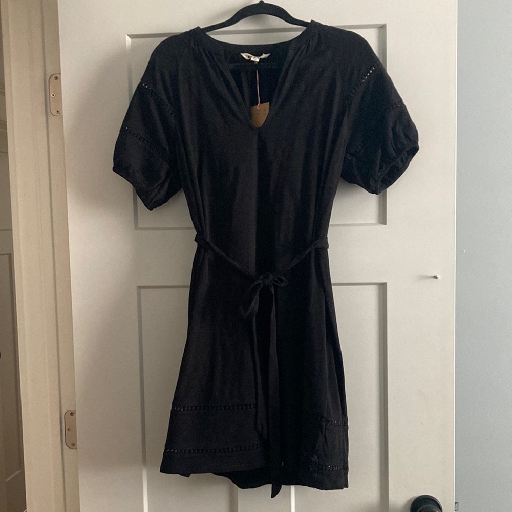 Boden Black Puff Sleeve V-Neck Mini Sundress with eyelet detailing